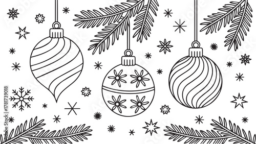 Outlined pine sprigs and three decorated Christmas ornaments hang amongst stylized stars ,coloring book, contour, outline, page, kids, coloring page, book, printable, easy, coloring, pages