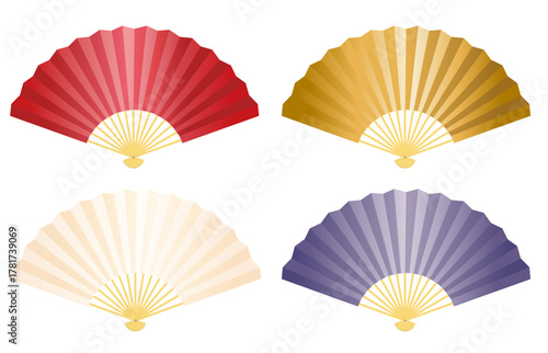 4色の日本に扇子のイラスト素材セット。白背景にベクターイラスト。