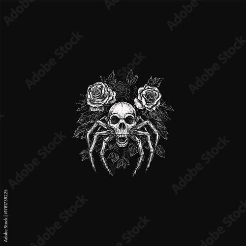 A macabre and highly detailed hand-drawn illustration featuring a bizarre creature with a human skull head and spider legs, surrounded by detailed gothic roses and leaves