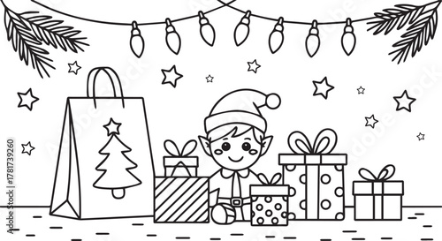 Smiling elf sits near presents and gift bag in a Christmasthemed monochrome scene, coloring book, contour, outline, page, kids, coloring page, book, printable, easy, coloring, pages
