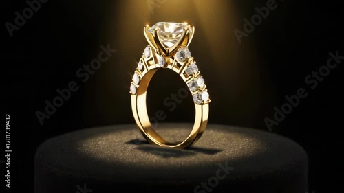 Golden ring with diamond displayed on a dark surface