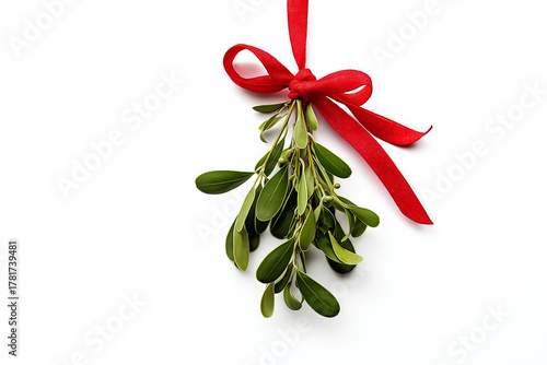 Hanging mistletoe tied with red silk ribbon, white background