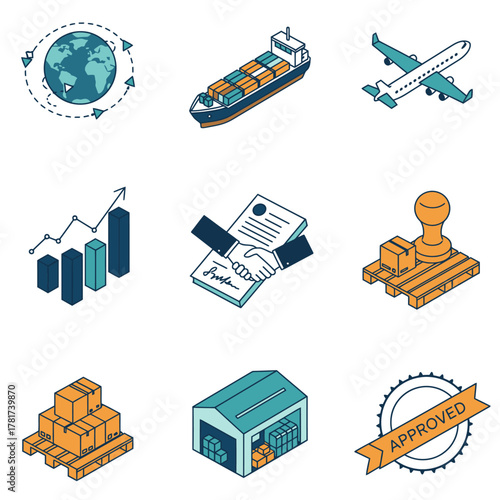 Isometric illustrations depict global logistics, including cargo ships, airplanes, and warehouses, representing international trade and commerce.
