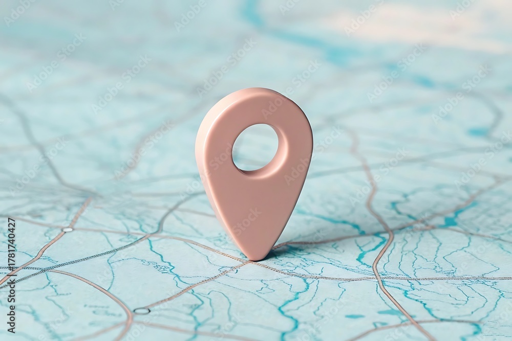 Fototapeta premium Pink map pin marker on a blue and white map background