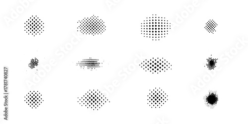 Collection of abstract halftone dot patterns and textures in black and white