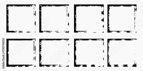 Collection of eight unique grunge textured rectangular frames with rough edges on a white background