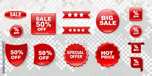 Photos Collection of red sale and discount tags and labels with various shapes and text