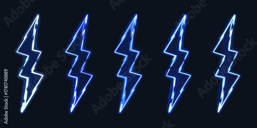 Row of five electric blue neon lightning bolt symbols on a dark background