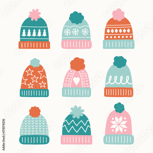 Fotografía Collection of colourful hand drawn winter hats