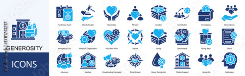 Generosity icon collection set. Containing donation, Contribution, Fundraising, Benevolence, emergency fund icon