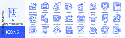legal proceedings icon collection set. Containing Witness Signature, digital signature, Representation, Compliance, Commission icon