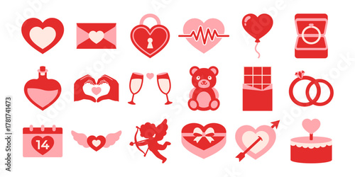 Valentine Love and Romance Flat Colored Icon Bundle with Heart, Gift, and Cupid Symbols