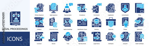 legal proceedings icon collection set. Containing Witness Signature, digital signature, Representation, Compliance, Commission icon