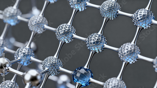Futuristic molecular nanostructure lattice 3D render representing advanced nanotechnology and material science