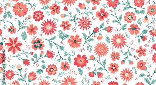 A vibrant seamless pattern features a variety of hand-drawn flowers and leaves in shades of red, pink, and teal on a clean white background.