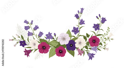 Elegant vector illustration of a colorful floral arc arrangement featuring bellflowers and petunia-like blooms with green foliage.