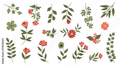 A charming collection of hand-drawn floral and botanical elements, showcasing vibrant green leaves with red, coral, and orange flowers, great for design.