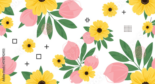 Cheerful seamless floral pattern featuring bright yellow flowers, pastel pink blossoms, green leaves, and playful geometric shapes on white.