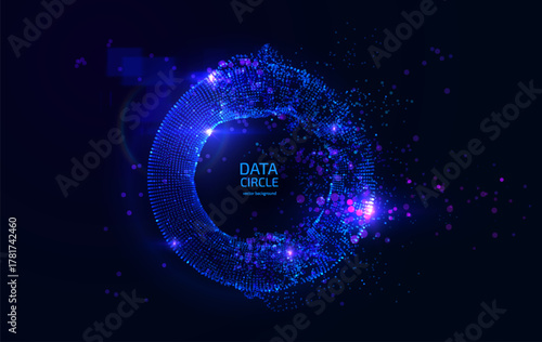 Glowing circular portal frame of shining data particles in space. Abstract concept represents data gateway, blockchain network, AI connection point, futuristic tunnel. Perfect for tech presentations