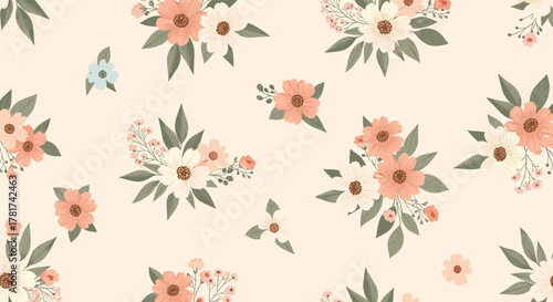 Soft and elegant seamless floral pattern with delicate peach, white, and blue blossoms on a cream background, perfect for textiles.