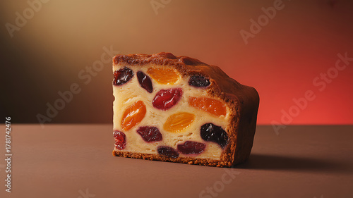 Fototapeta Naklejka Na Ścianę i Meble -  Slice of fruitcake with dried fruits embedded in a golden-brown crust, displayed against a warm gradient background