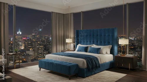 Modern bedroom interior with city skyline view