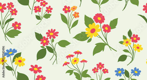 Colorful and cheerful seamless pattern with stylized wildflowers and leaves in various hues, ideal for vintage-inspired designs and textile prints.
