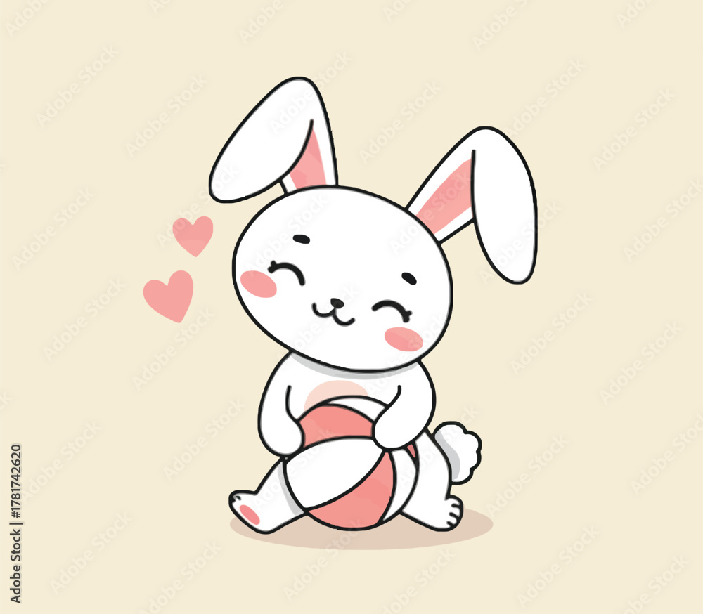 Fototapeta premium Adorable Cartoon Bunny Sitting and Hugging a Ball