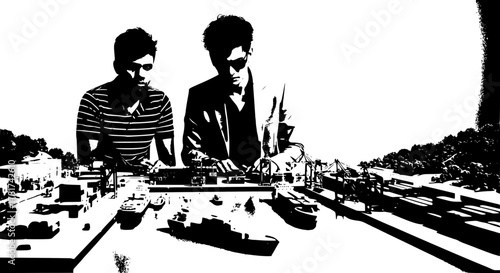 Modern Harbor Design Concept – Black and White Vector Poster of Two Designers Overlooking Miniature Ships and Cranes