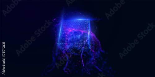 Abstract 3D data array and flowing particles forming a geometric cube on a luminous blue background. Concept of big data visualization, network connection, technology, and future science