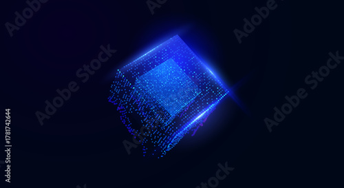Abstract 3D data array and flowing particles forming a geometric cube on a luminous blue background. Concept of big data visualization, network connection, technology, and future science. 