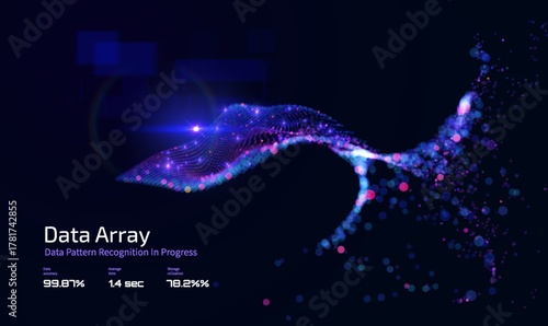 Animated flow of glowing 3D particles assembling into a solid geometric form against a blue space-like background. Data structure, network technology, and innovation. Abstract technology background