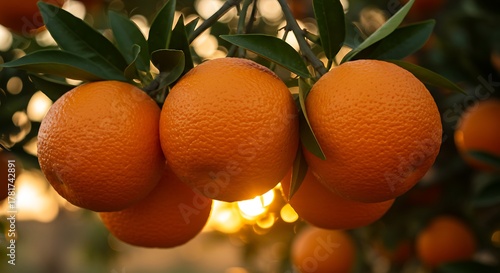 Close up of ripe oranges hanging on a tree branch with sunlight in background