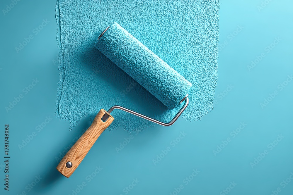 Obraz premium An image shows a paint roller applying fresh blue paint on the wall, with a smooth, even coat, creating a modern and clean look for home renovation or decorating projects.