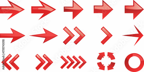 Collection of red arrows and directional symbols on white background