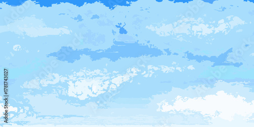 Abstract digital painting of a bright blue sky filled with textured white and light blue clouds
