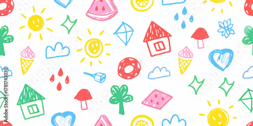 Whimsical hand drawn pattern of summer icons and childhood symbols on white background