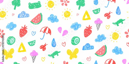 Whimsical hand drawn doodles of summer icons and nature elements on white background