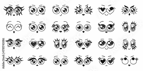 Collection of cute cartoon eyes and mouths expressing various emotions and styles for character design