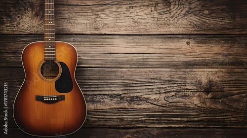Country music background with acoustic guitar on rustic wooden wall, warm lighting and vintage atmosphere, perfect for music album cover, folk concert poster, recording studio, and western design them