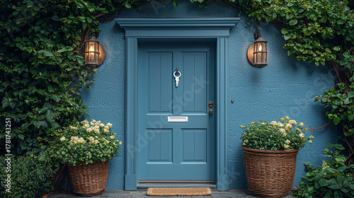 Charming blue door framed by lush greenery traditional lanterns and potted plants.