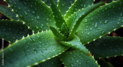 Close up of vibrant aloe vera plant with water droplets on leaves