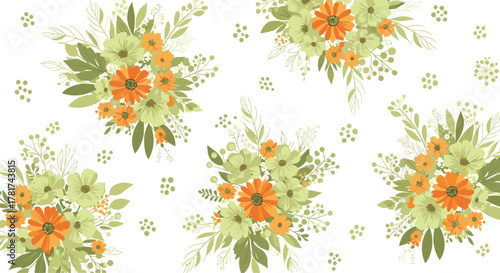 Seamless pattern with vibrant orange and green floral bouquets, fresh leaves, and abstract dots on a white background for textiles and design projects.