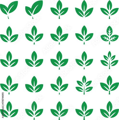 Collection of green leaf icons in various simple shapes and arrangements leaves nature