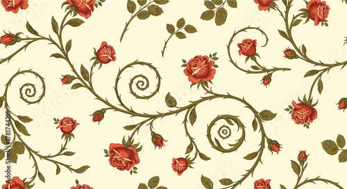 Seamless pattern with blooming red roses and thorny green vines on a soft cream background, creating a classic floral design.