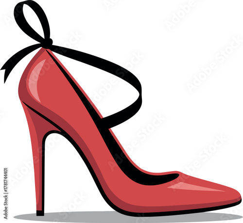 Red high heel shoe with black ribbon bow and strap red shoe stiletto