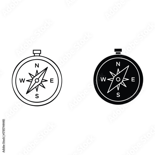 Compass Navigation Guide: A minimalistic presentation showcases two compasses, one outlined and the other filled, against a blank space. Embodying themes of direction, orientation, exploration.