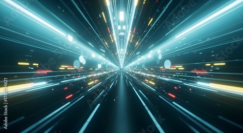 Abstract futuristic neon light tunnel with streaking lights and glowing orbs