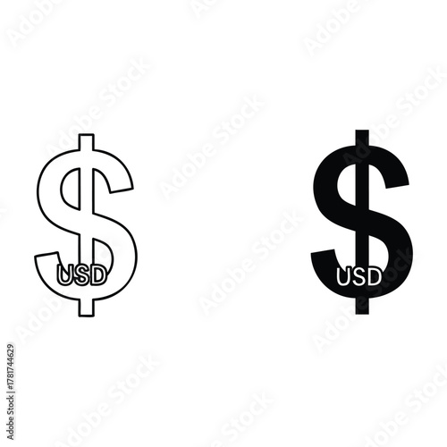 Dollar Sign: Depicting financial currency, a monochrome depiction of the dollar symbol in both filled and outline styles, signifies the essence of financial concepts.