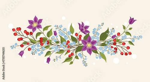 Elegant horizontal floral border with purple clematis, blue forget-me-nots, and red berries, accompanied by soft bokeh on a warm light background.